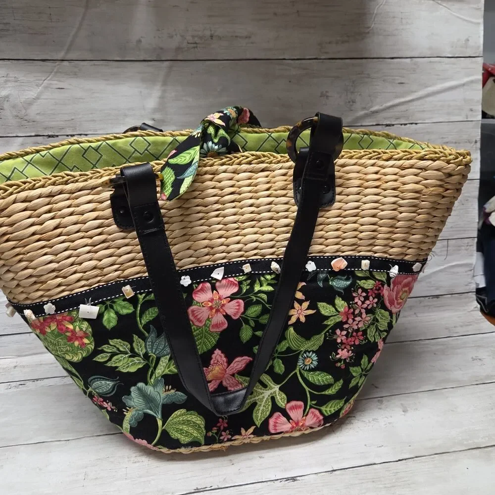 Woven Straw Hobo Tote with Black Floral Panel